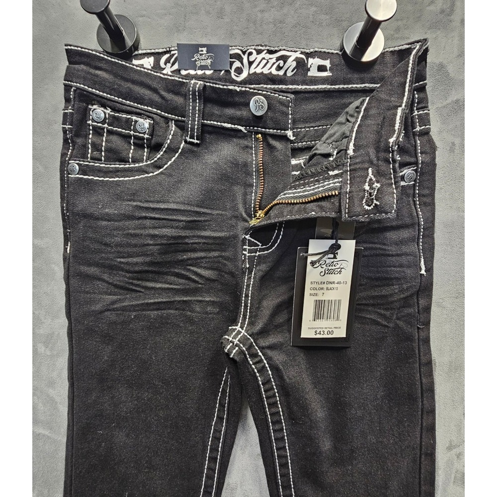 Retro Stitch Boys Straight Leg Jeans Black Contrast Stitch Size 7 DNR-40-13 NEW